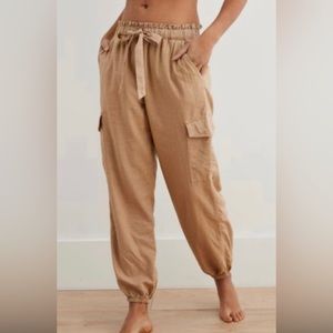 AERIE LINEN -Tan High Waisted Loose Cargo pants